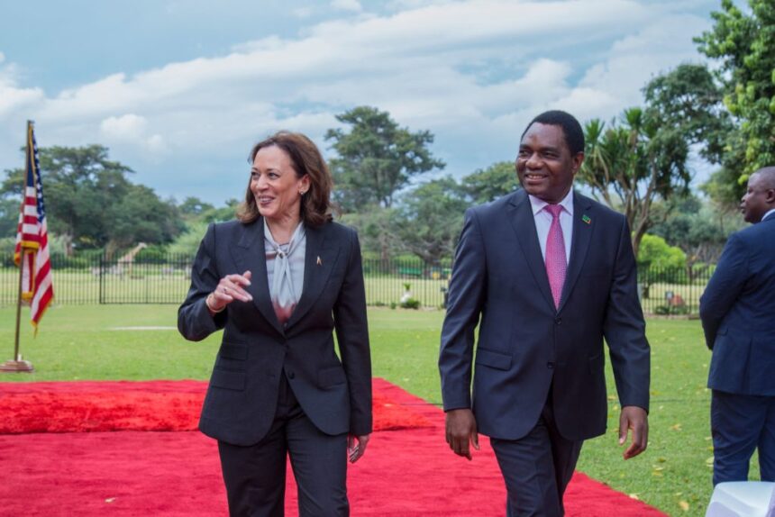 US Vice President Kamala Harris (L) and Zambian President Hakainde Hichilema