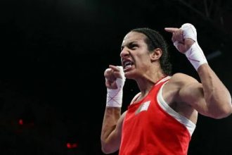 Algerian boxer Imane Khelif celebrated after clinching a medal at Olympic