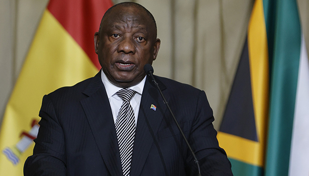 (FILES) South Africa’s President Cyril Ramaphosa conducts a joint press conference with Spain’s Prime Minister Pedro Sanchez (unseen) during the state visit of the Spanish Prime Minister at the Union Buildings in Pretoria, on October 27, 2022. (Photo by Phill Magakoe / POOL / AFP)